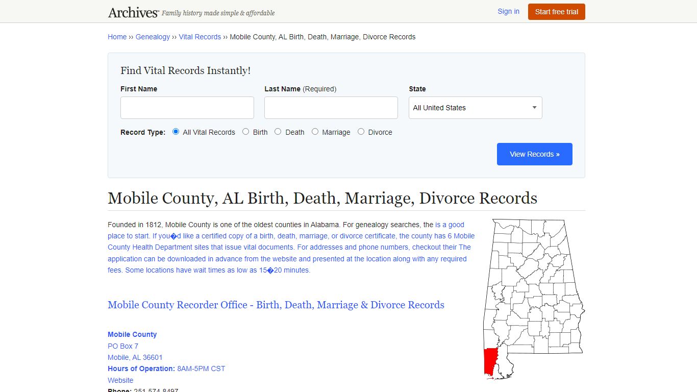 Mobile County, AL Birth, Death, Marriage, Divorce Records